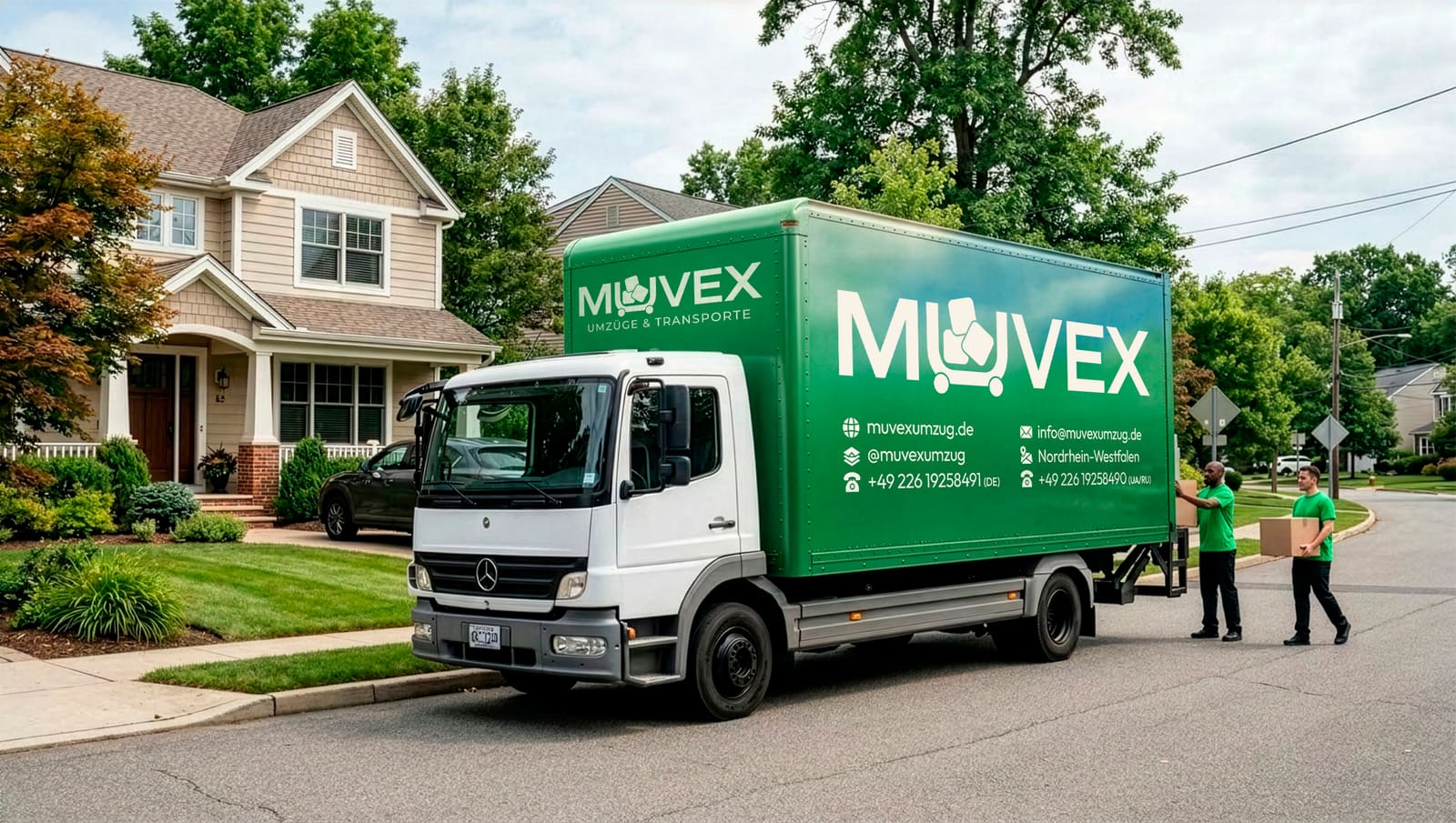 Muvex-Umzugswagen vor einem Wohnhaus — Anfahrt in Gummersbach und ganz NRW