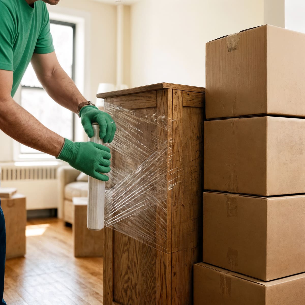 Muvex-Mitarbeiter wickelt einen Schrank in Stretchfolie ein